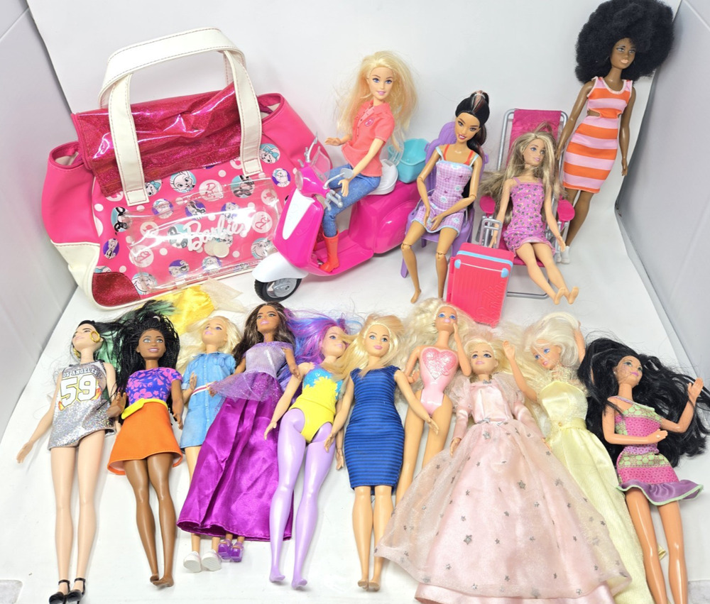 Lot Of Barbie Dolls- 14 dolls a scooter and bag